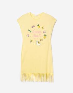 Жёлтое платье-футболка с принтом и бахромой для девочки Gloria Jeans