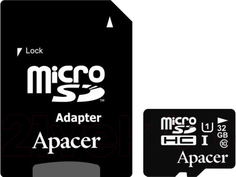Карта памяти 32Gb - Apacer - Micro Secure Digital HC Class 10 UHS-I U1 AP32GMCSH10U1-R с переходником под SD