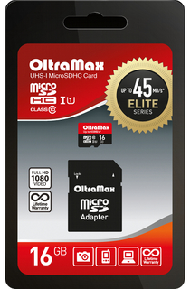 Карта памяти 16Gb - OltraMax - Micro Secure Digital HC UHS-1 Elite Class 10 OM016GCSDHC10UHS-1-ElU1 с переходником под SD