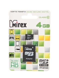 Карта памяти 4Gb - Mirex - Micro Secure Digital HC Class 10 13613-AD10SD04 с переходником под SD