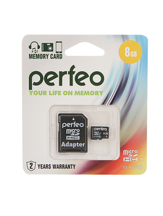 Карта памяти 8Gb - Perfeo Micro Secure Digital HC Class 10 PF8GMCSH10A с переходником под SD