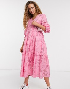 Розовое платье миди с объемными рукавами Selected Femme-Розовый цвет
