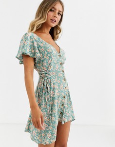 Band Of tie side skater dress in green floral print-Зеленый