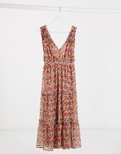 Шифоновое платье миди с глубоким V-образным вырезом и цветочным принтом Vila-Розовый цвет