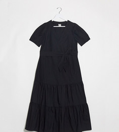 Черное ярусное платье миди с V-образным вырезом и поясом ASOS DESIGN Maternity-Черный цвет