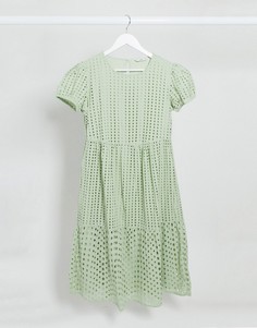Свободное зеленое платье миди с вышивкой ришелье Only-Зеленый