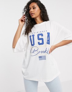 Белая oversized-футболка с надписью "USA Brooklyn" Missguided-Белый