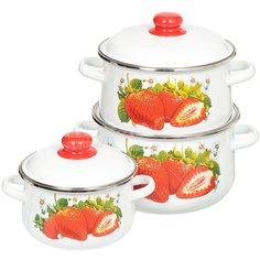 Набор эмалированной посуды СтальЭмаль Клубника садовая 1с408, (кастрюля 2+4+5.5 л), 3 предмета