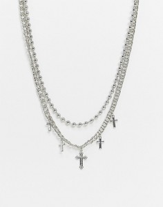 Серебристое ожерелье в несколько рядов с подвесками-крестами Uncommon Souls-Серебряный