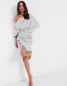 Асимметричное льняное платье миди ASOS EDITION-Серый