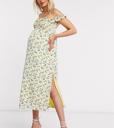 Платье макси с открытыми плечами, разрезом и цветочным принтом Fashion Union Maternity-Желтый