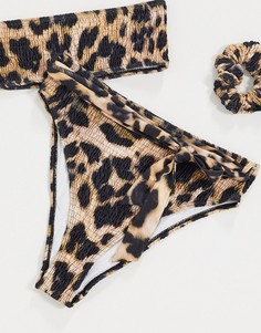 Присборенные плавки-бикини с высоким вырезом бедра и леопардовым принтом Missguided-Многоцветный