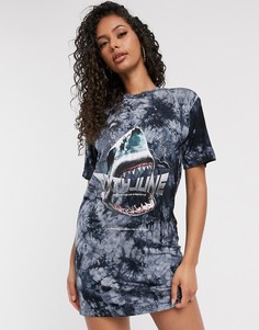 Платье-футболка в стиле oversized с логотипом-акулой Sixth June-Черный цвет