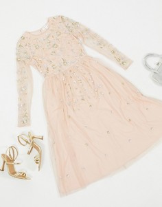 Светло-розовое платье миди с длинными рукавами и отделкой Frock & Frill-Розовый цвет