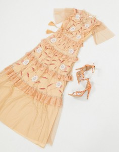Ярусное платье макси персикового цвета с короткими рукавами Frock & Frill-Розовый цвет