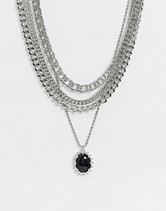 Ярусное ожерелье с толстыми цепочками и черным камнем Topshop-Серебряный