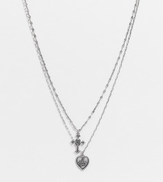 Серебристая цепочка в два ряда с подвесками в виде креста и сердца Reclaimed Vintage inspired-Серебряный
