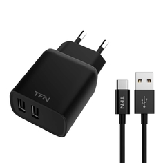 Сетевое зарядное устройство с кабелем TFN Rapid+ 2xUSB 2.4A + кабель USB-C Black Rapid+ 2xUSB 2.4A + кабель USB-C Black