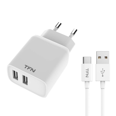 Сетевое зарядное устройство с кабелем TFN Rapid+ 2xUSB 2.4A + кабель USB-C White Rapid+ 2xUSB 2.4A + кабель USB-C White