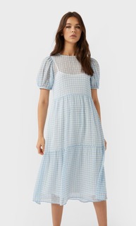 Stradivarius Платье Миди В Клетку Женская Коллекция Небесно-Голубой S