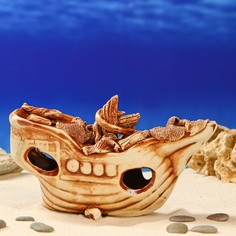 Аквадекор-грот для аквариума &#39;&#39;корабль малый новый&#39;&#39; коричневый 8х18х12 см Керамика ручной работы