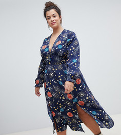 Чайное платье миди с космическим принтом Neon Rose Plus-Мульти