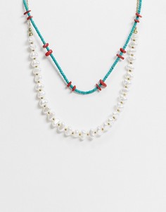 Ярусное ожерелье с искусственным жемчугом и бирюзовым бисером ASOS DESIGN-Многоцветный
