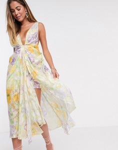 Платье миди с цветочным принтом и глубоким вырезом ASOS EDITION-Розовый цвет