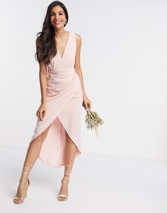 Розовое платье миди с v-образным вырезом TFNC Bridesmaid-Бежевый