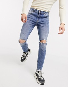 Рваные джинсы скинни с дырками на коленях и необработанной нижней кромкой Bershka-Синий