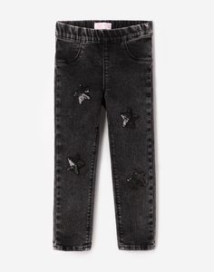 Чёрные джеггинсы со звёздами из пайеток для девочки Gloria Jeans