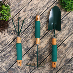 Набор садового инструмента, 3 предмета: совок, мотыжка, рыхлитель, длина 36 см, деревянные ручки с поролоном Greengo