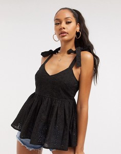 Черный топ на бретельках-завязках с вышивкой ришелье Missguided-Черный цвет