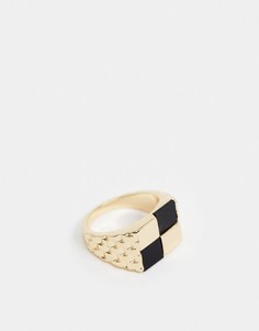 Золотистое кольцо-печатка с шахматной отделкой ASOS DESIGN-Золотистый