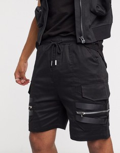 Черные шорты карго в стиле милитари с ремешками Sixth June-Черный