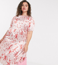 Атласное платье миди с принтом и объемными рукавами Influence Plus-Розовый цвет