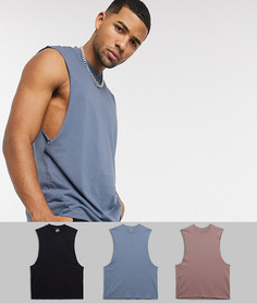 Набор из 3 футболок без рукавов с заниженными проймами ASOS DESIGN-Мульти