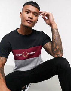 Серо-черная футболка с вышивкой на вставке Fred Perry-Черный