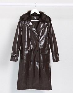 Коричневый макинтош с меховым воротником Missguided