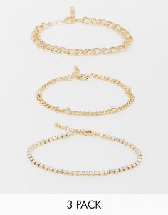 Набор из 3 тонких золотистых браслетов-цепочек со стразами ASOS DESIGN-Золотистый