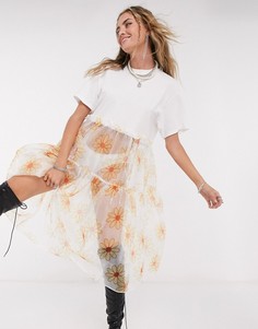 Свободное платье-футболка миди с юбкой из органзы Vintage Supply-Белый