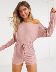 Розовый ромпер в рубчик с открытыми плечами и завязкой In The Style x Jac Jossa