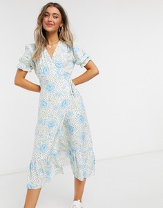 Синее платье миди с цветочным принтом Miss Selfridge-Голубой