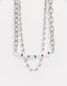 Серебристое ожерелье-чокер с цепочкой и надписью "Sugar" из бусин Topshop-Серебряный