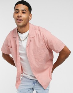 Розовая рубашка с добавлением льна, короткими рукавами и отложным воротником Topman-Розовый цвет