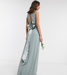 Платье макси шалфейного цвета со свободным воротом и бантом на спине TFNC Tall bridesmaid-Зеленый цвет
