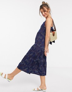Темно-синее платье миди с цветочным принтом и оборкой QED London-Темно-синий
