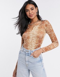 Боди с разрезом спереди и змеиным принтом Missguided-Коричневый