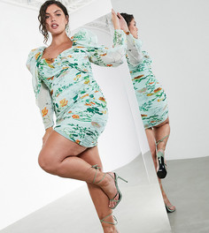 Зеленое платье мини с объемными рукавами и цветочным принтом ASOS EDITION Curve-Многоцветный