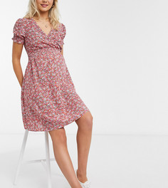 Красное платье мини с присборенной талией и цветочным принтом New Look Maternity-Черный